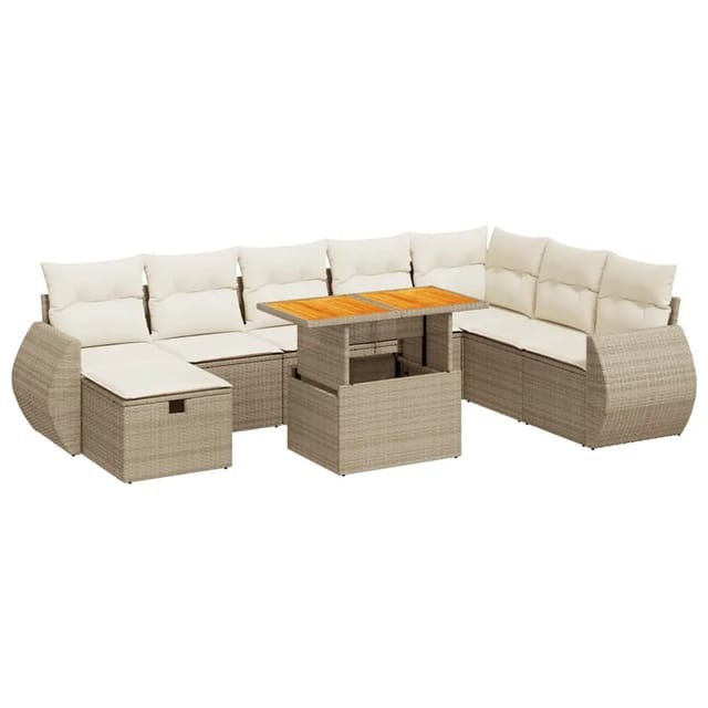 vidaXL 9-Tlg Garten-Sofagarnitur mit Kissen Beige Poly Rattan Akazie 3328073