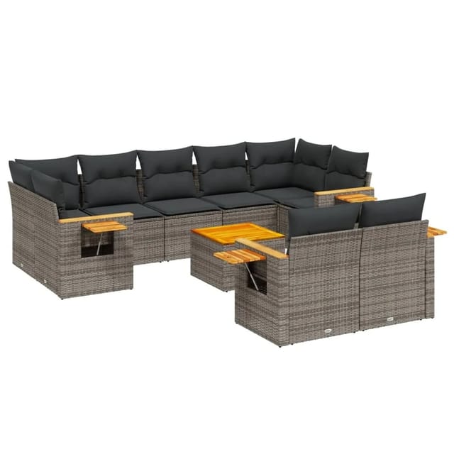 vidaXL 10-Tlg Garten-Sofagarnitur mit Kissen Grau Poly Rattan 3227159