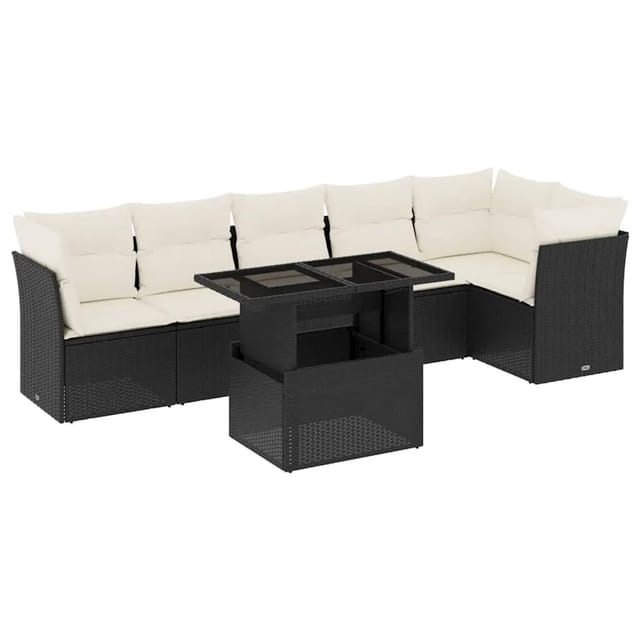 vidaXL 7-Tlg Garten-Sofagarnitur mit Kissen Schwarz Poly Rattan 3266596