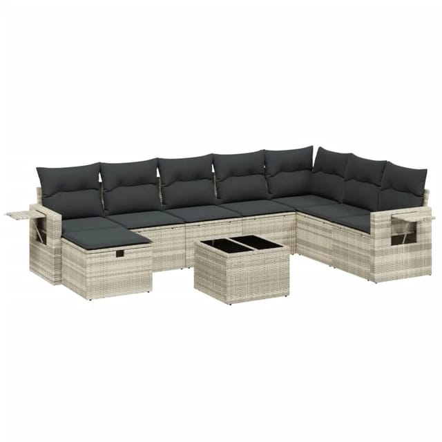 vidaXL 9-Tlg Garten-Sofagarnitur mit Kissen Hellgrau Poly Rattan 3263908
