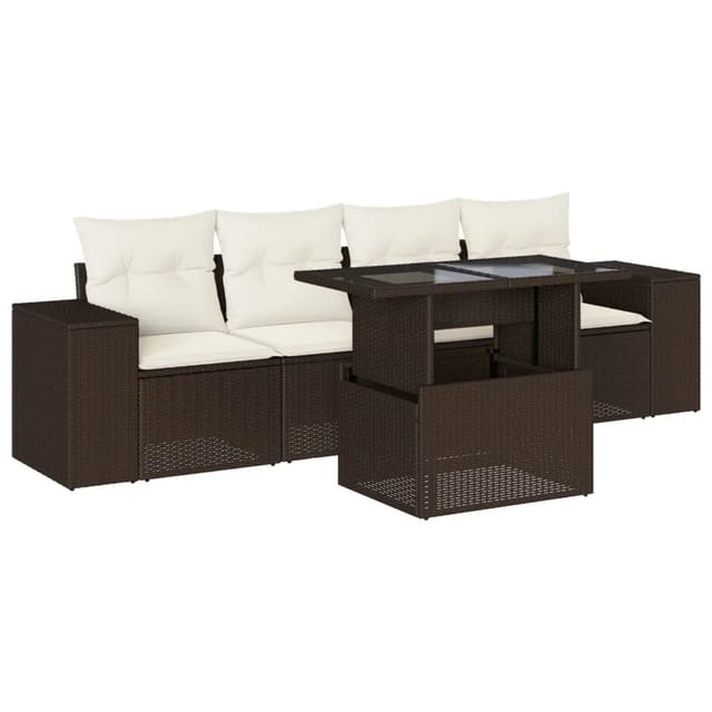 vidaXL 5-Tlg Garten-Sofagarnitur mit Kissen Braun Poly Rattan 3268993