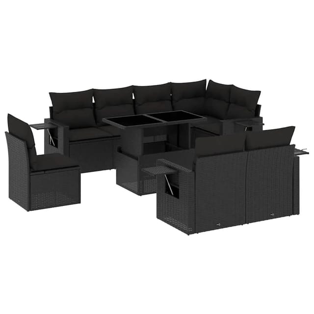 vidaXL 9-Tlg Garten-Sofagarnitur mit Kissen Schwarz Poly Rattan 3268035