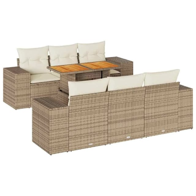 vidaXL 7-Tlg Garten-Sofagarnitur mit Kissen Beige Poly Rattan 3327334