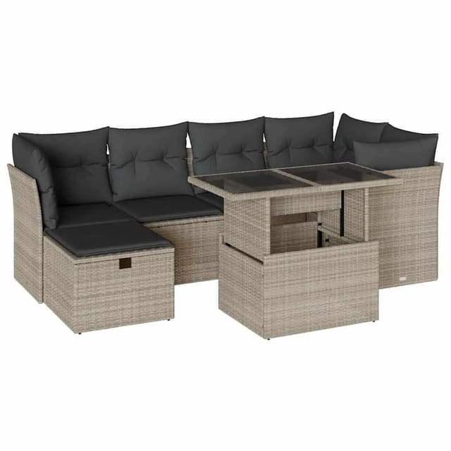 vidaXL 7-Tlg Garten-Sofagarnitur mit Kissen Hellgrau Poly Rattan 3274662