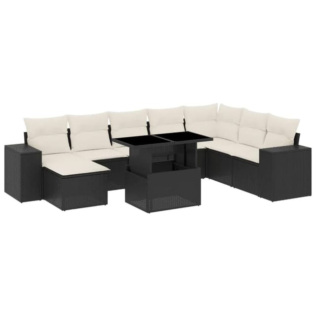 vidaXL 9-Tlg Garten-Sofagarnitur mit Kissen Schwarz Poly Rattan 3269356