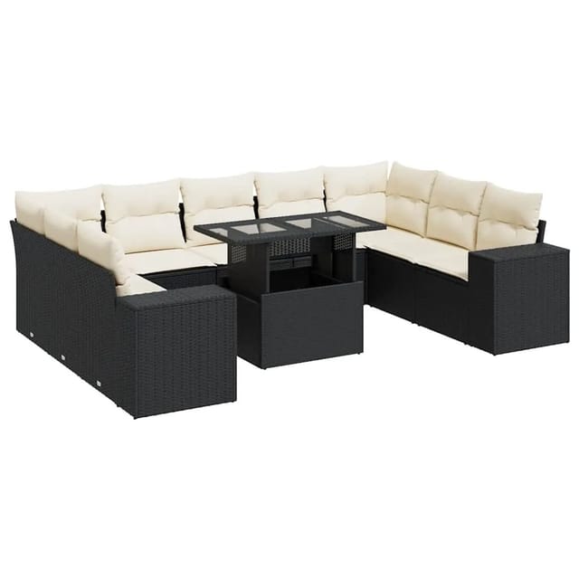 vidaXL 10-Tlg Garten-Sofagarnitur mit Kissen Schwarz Poly Rattan 3326857