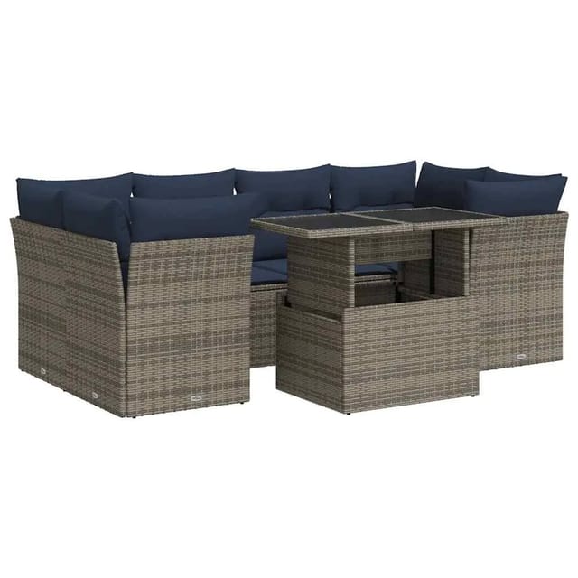 vidaXL 7-Tlg Garten-Sofagarnitur mit Kissen Grau Poly Rattan Akazie 3326112