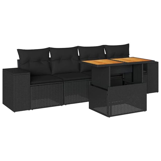 vidaXL 5-Tlg Garten-Sofagarnitur mit Kissen Schwarz Poly Rattan 3327317