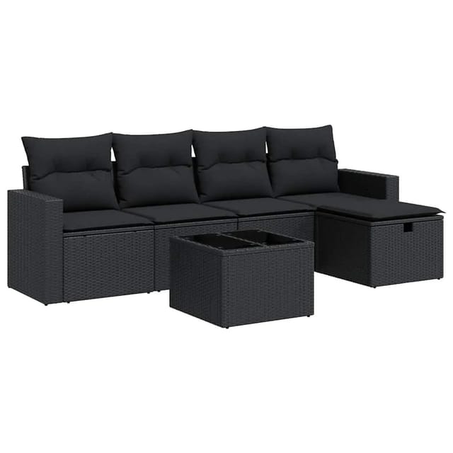 vidaXL 6-Tlg Garten-Sofagarnitur mit Kissen Schwarz Poly Rattan 3325371