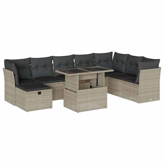 vidaXL 9-Tlg Garten-Sofagarnitur mit Kissen Hellgrau Poly Rattan 3274712