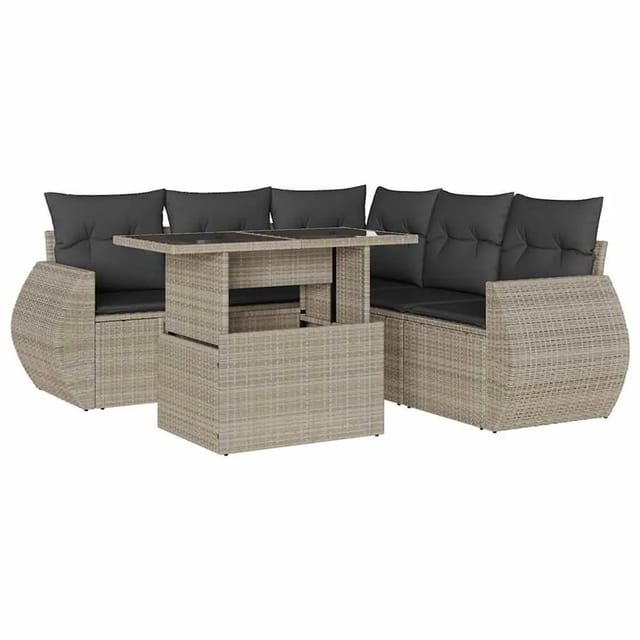 vidaXL 6-Tlg Garten-Sofagarnitur mit Kissen Hellgrau Poly Rattan 3268532