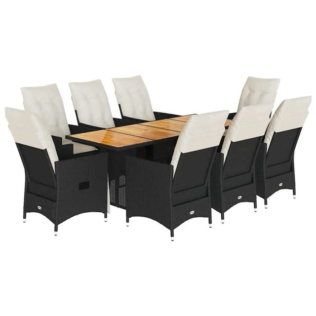 vidaXL 9-Tlg Garten-Essgruppe mit Kissen Schwarz Poly Rattan 3276690