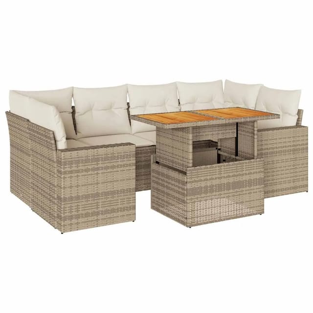 vidaXL 7-Tlg Garten-Sofagarnitur mit Kissen Beige Poly Rattan 3327005