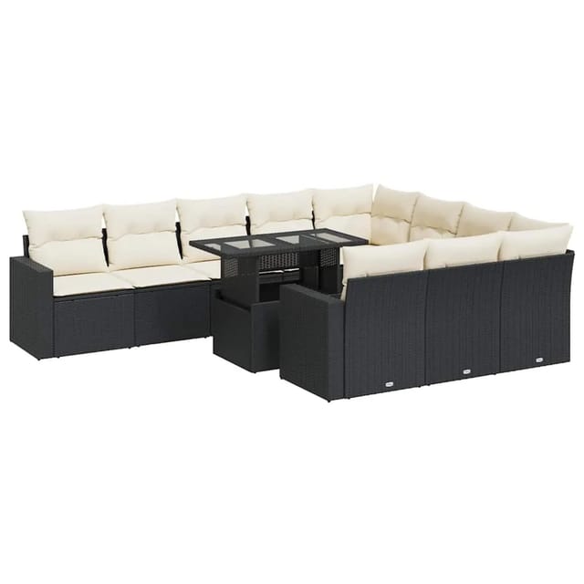 vidaXL 11-Tlg Garten-Sofagarnitur mit Kissen Schwarz Poly Rattan 3326387