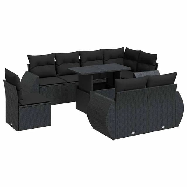 vidaXL 9-Tlg Garten-Sofagarnitur mit Kissen Schwarz Poly Rattan 3326656