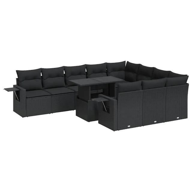 vidaXL 11-Tlg Garten-Sofagarnitur mit Kissen Schwarz Poly Rattan 3326546