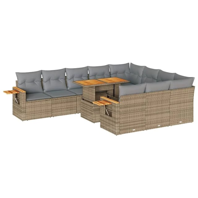 vidaXL 11-Tlg Garten-Sofagarnitur mit Kissen Beige Poly Rattan Akazie 3327650