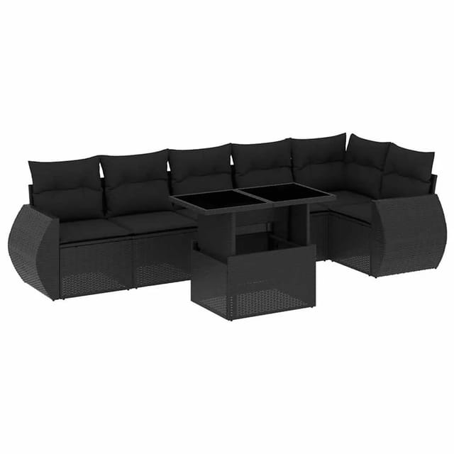 vidaXL 7-Tlg Garten-Sofagarnitur mit Kissen Schwarz Poly Rattan 3268545