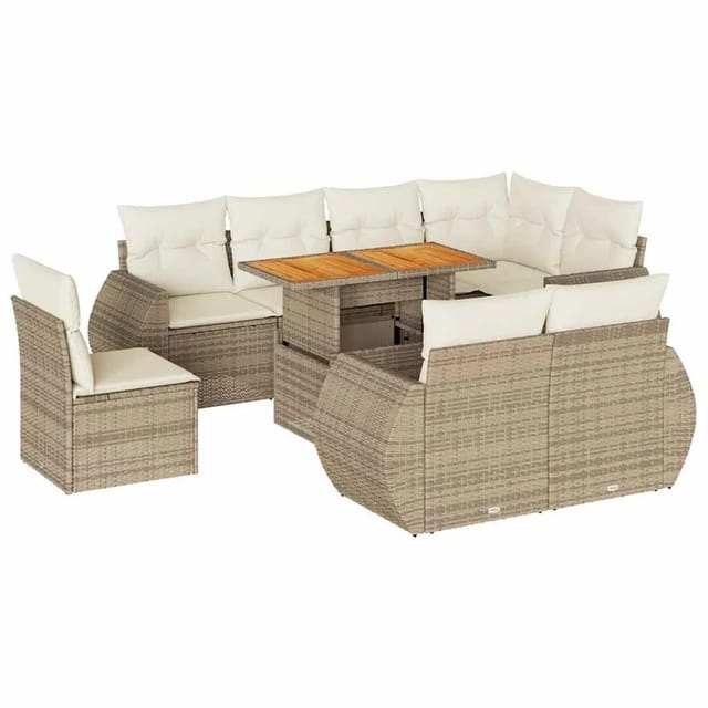 vidaXL 9-Tlg Garten-Sofagarnitur mit Kissen Beige Poly Rattan 3327278