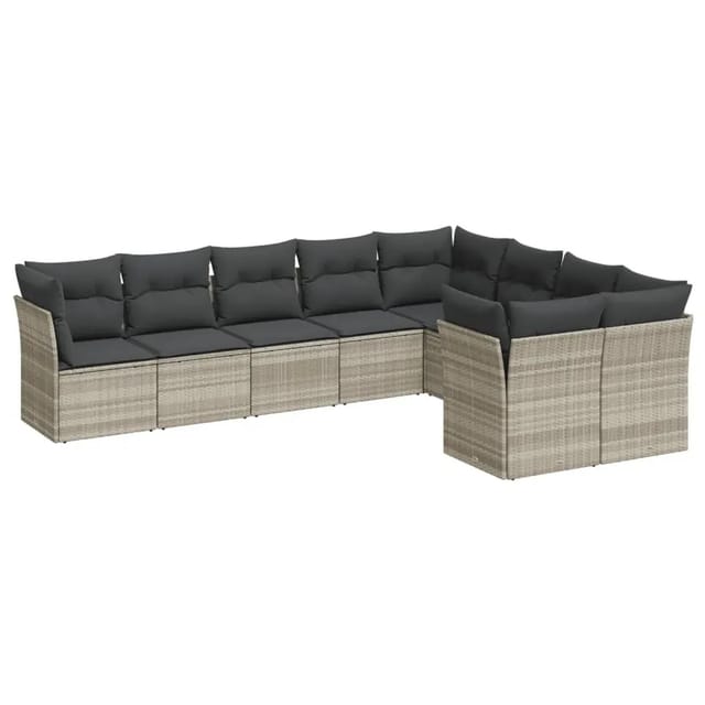 vidaXL 9-Tlg Garten-Sofagarnitur mit Kissen Hellgrau Poly Rattan 3250011