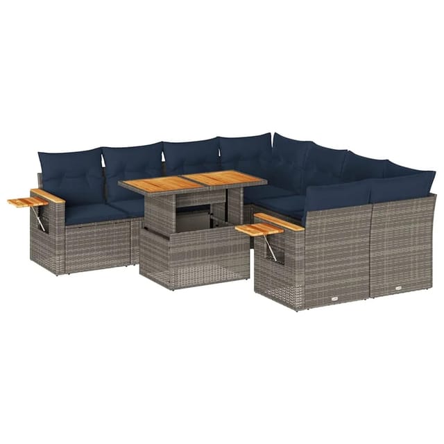 vidaXL 9-Tlg Garten-Sofagarnitur mit Kissen Grau Poly Rattan 3327582