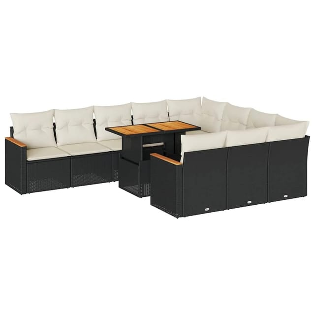 vidaXL 11-Tlg Garten-Sofagarnitur mit Kissen Schwarz Poly Rattan 3327535