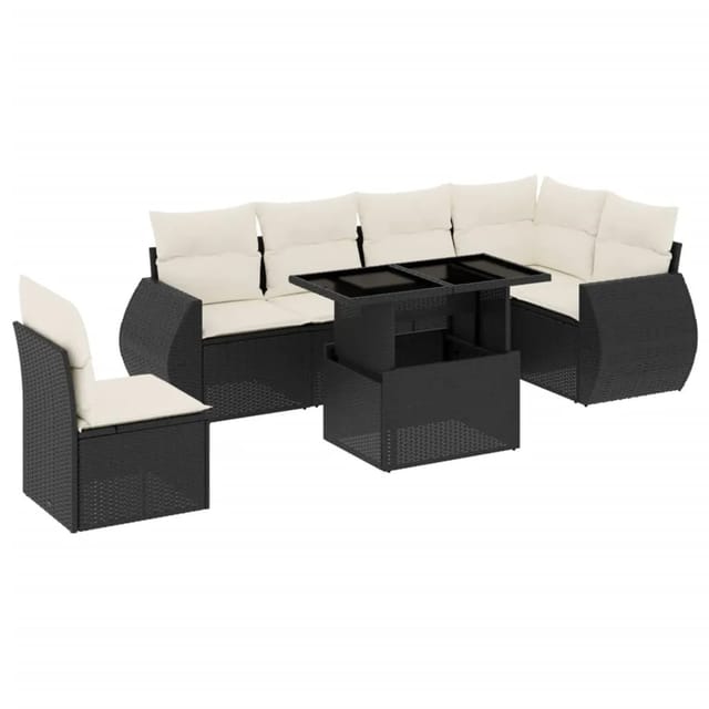 vidaXL 7-Tlg Garten-Sofagarnitur mit Kissen Schwarz Poly Rattan 3268566
