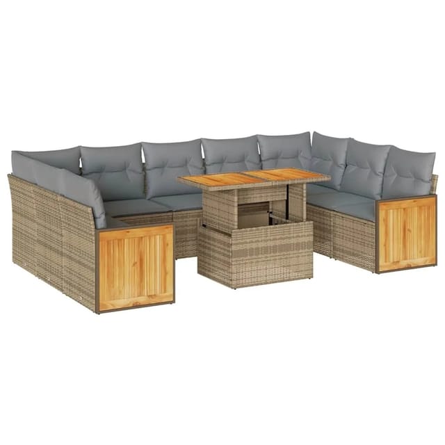 vidaXL 10-Tlg Garten-Sofagarnitur mit Kissen Beige Poly Rattan Akazie 3327755