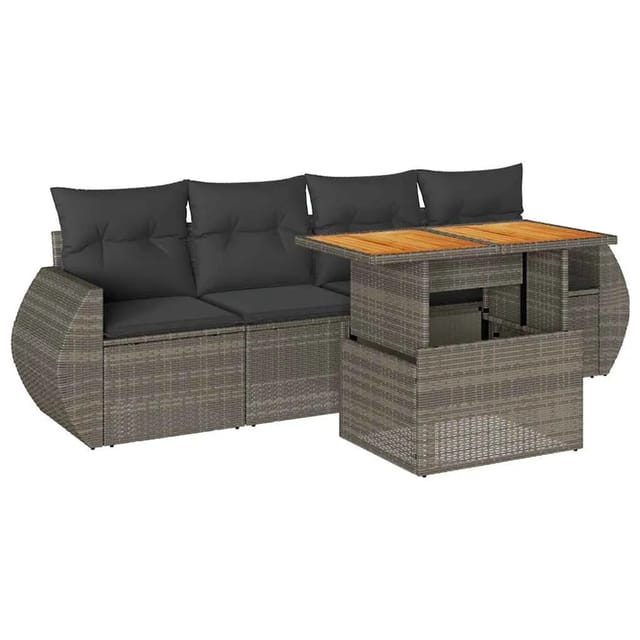 vidaXL 5-Tlg Garten-Sofagarnitur mit Kissen Grau Poly Rattan 3327210