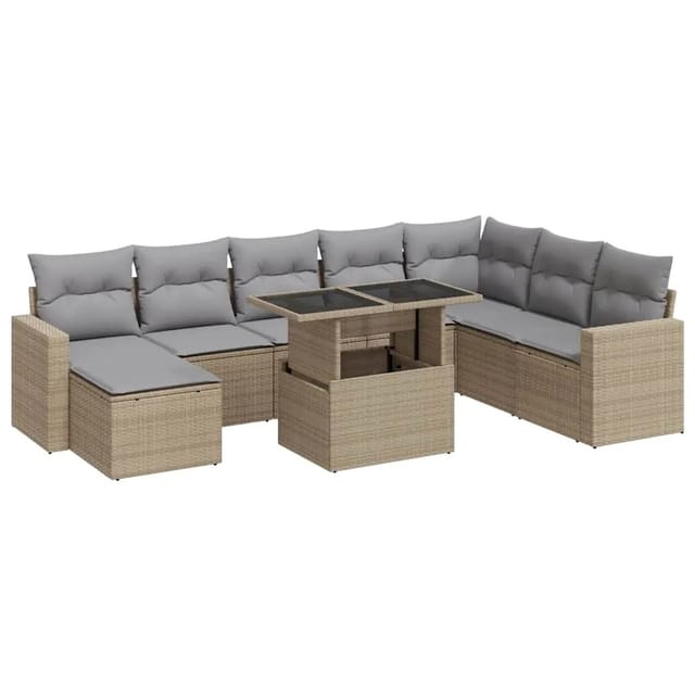 vidaXL 9-Tlg Garten-Sofagarnitur mit Kissen Beige Poly Rattan 3326370