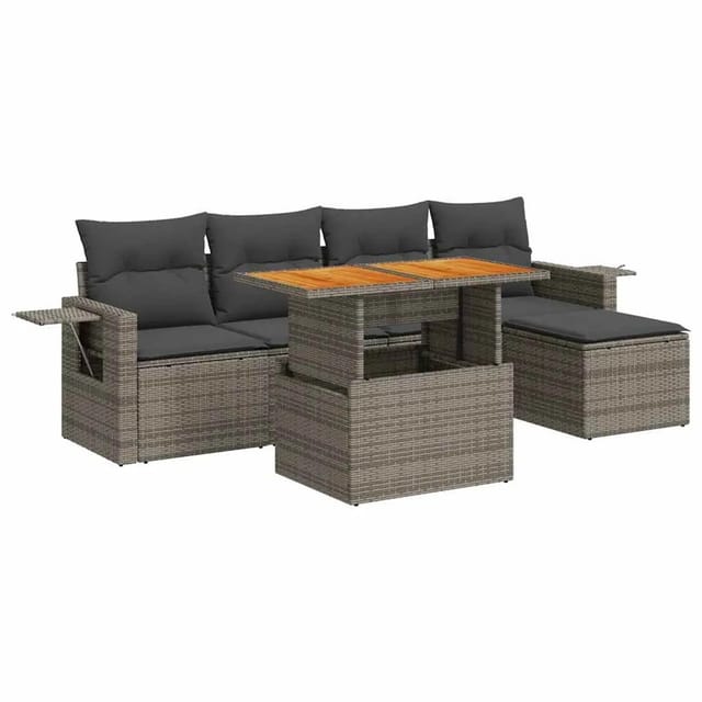 vidaXL 6-Tlg Garten-Sofagarnitur mit Kissen Grau Poly Rattan 3327140