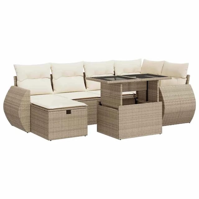 vidaXL 7-Tlg Garten-Sofagarnitur mit Kissen Beige Poly Rattan 3327898