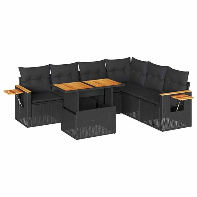vidaXL 7-Tlg Garten-Sofagarnitur mit Kissen Schwarz Poly Rattan 3327604