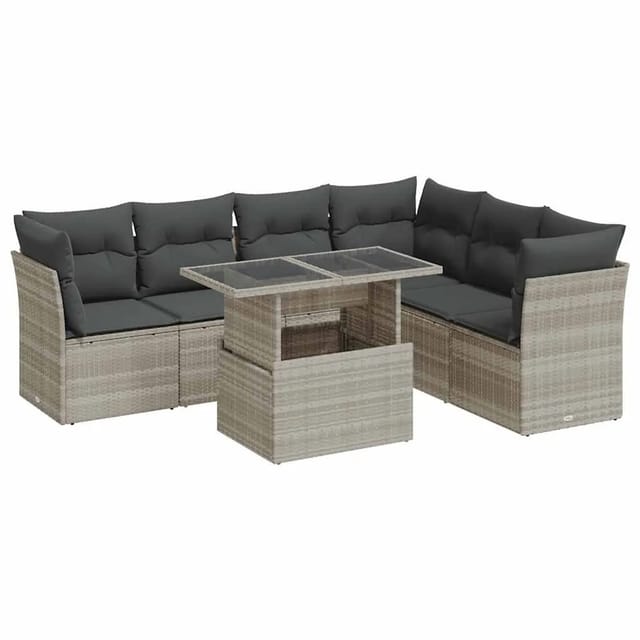 vidaXL 7-Tlg Garten-Sofagarnitur mit Kissen Hellgrau Poly Rattan 3326173