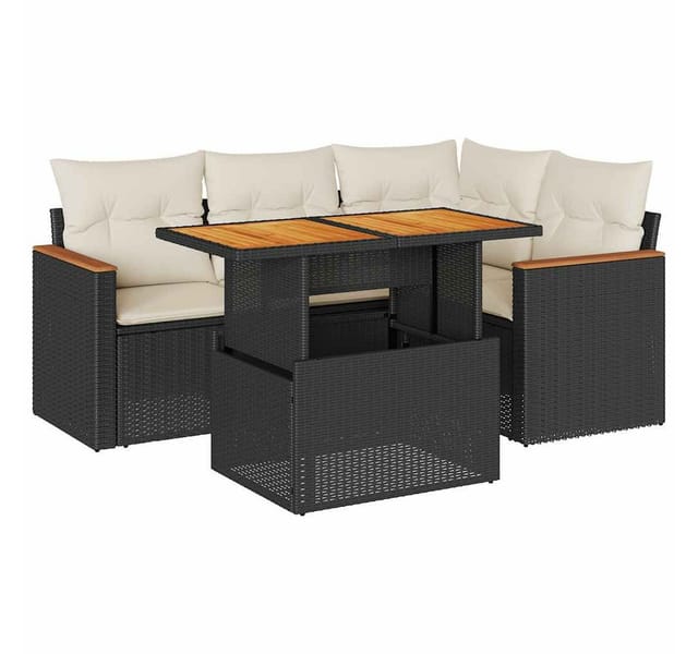 vidaXL 5Tlg Garten-Sofagarnitur mit Kissen Schwarz Poly Rattan Akazie 3327479