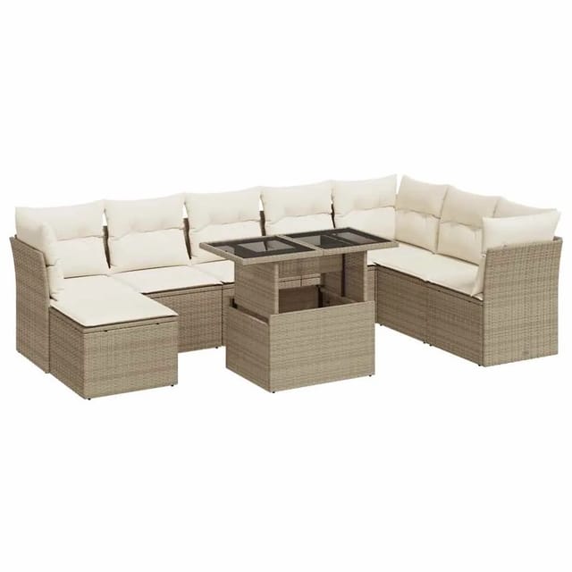 vidaXL 9-Tlg Garten-Sofagarnitur mit Kissen Beige Poly Rattan 3326209