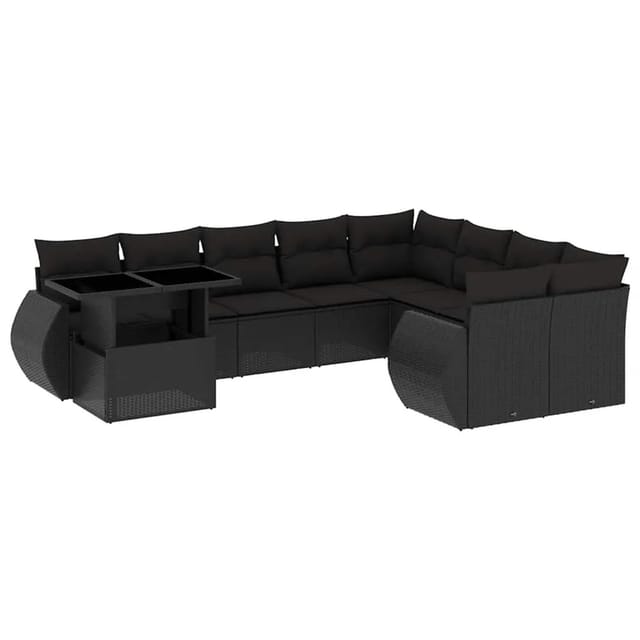 vidaXL 10-Tlg Garten-Sofagarnitur mit Kissen Schwarz Poly Rattan 3268765