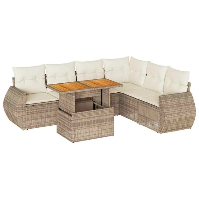 vidaXL 7-Tlg Garten-Sofagarnitur mit Kissen Beige Poly Rattan 3327271