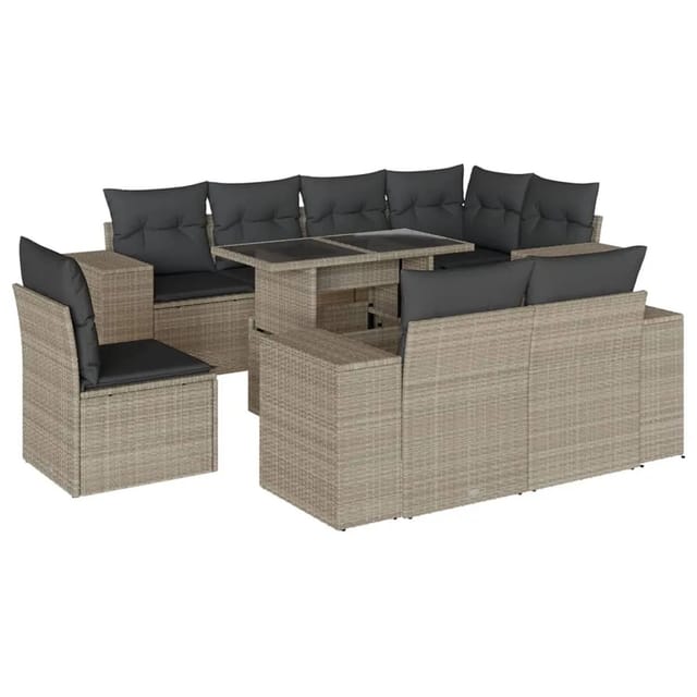 vidaXL 9-Tlg Garten-Sofagarnitur mit Kissen Hellgrau Poly Rattan 3269302