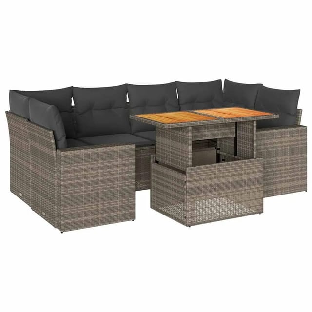 vidaXL 7-Tlg Garten-Sofagarnitur mit Kissen Grau Poly Rattan 3327007