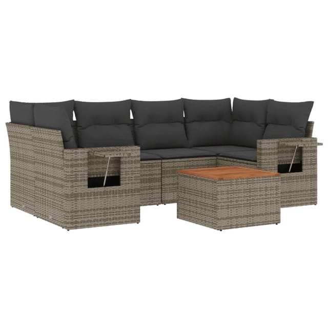 vidaXL 7-Tlg Garten-Sofagarnitur mit Kissen Grau Poly Rattan 3256795