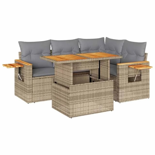 vidaXL 5-Tlg Garten-Sofagarnitur mit Kissen Beige Poly Rattan Akazie 3327594