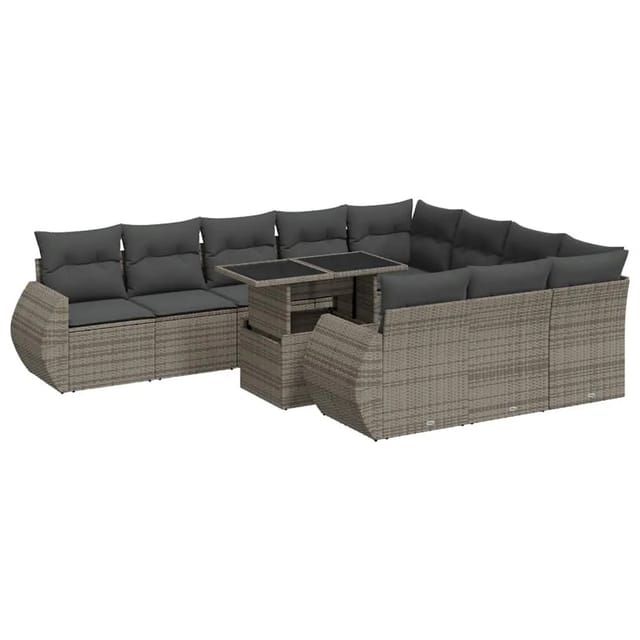 vidaXL 11-Tlg Garten-Sofagarnitur mit Kissen Grau Poly Rattan 3326711
