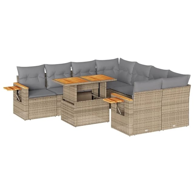 vidaXL 9-Tlg Garten-Sofagarnitur mit Kissen Beige Poly Rattan Akazie 3327580