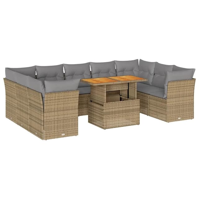 vidaXL 10-Tlg Garten-Sofagarnitur mit Kissen Beige Poly Rattan 3326971