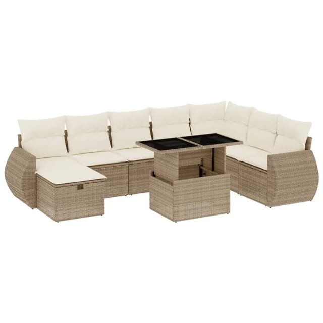 vidaXL 9-Tlg Garten-Sofagarnitur mit Kissen Beige Poly Rattan 3275188