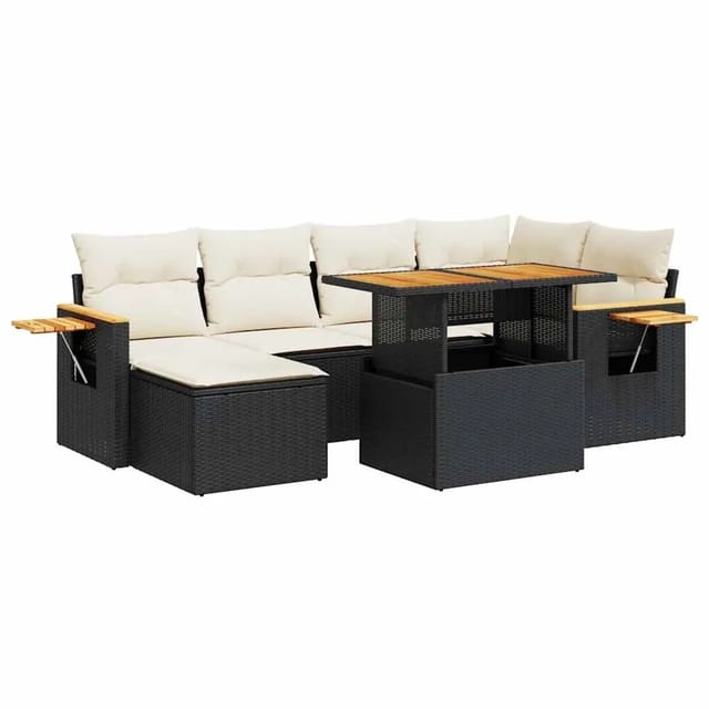 vidaXL 7-Tlg Garten-Sofagarnitur mit Kissen Schwarz Poly Rattan 3327619