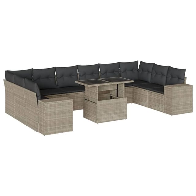 vidaXL 11-Tlg Garten-Sofagarnitur mit Kissen Hellgrau Poly Rattan 3269412