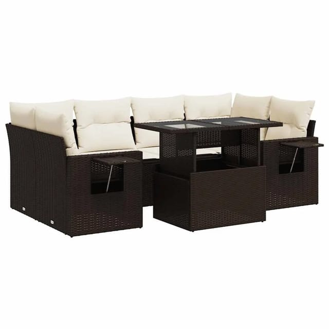 vidaXL 7-Tlg Garten-Sofagarnitur mit Kissen Braun Poly Rattan 3326434