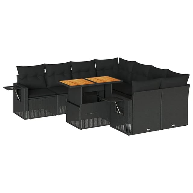 vidaXL 9-Tlg Garten-Sofagarnitur mit Kissen Schwarz Poly Rattan 3327128